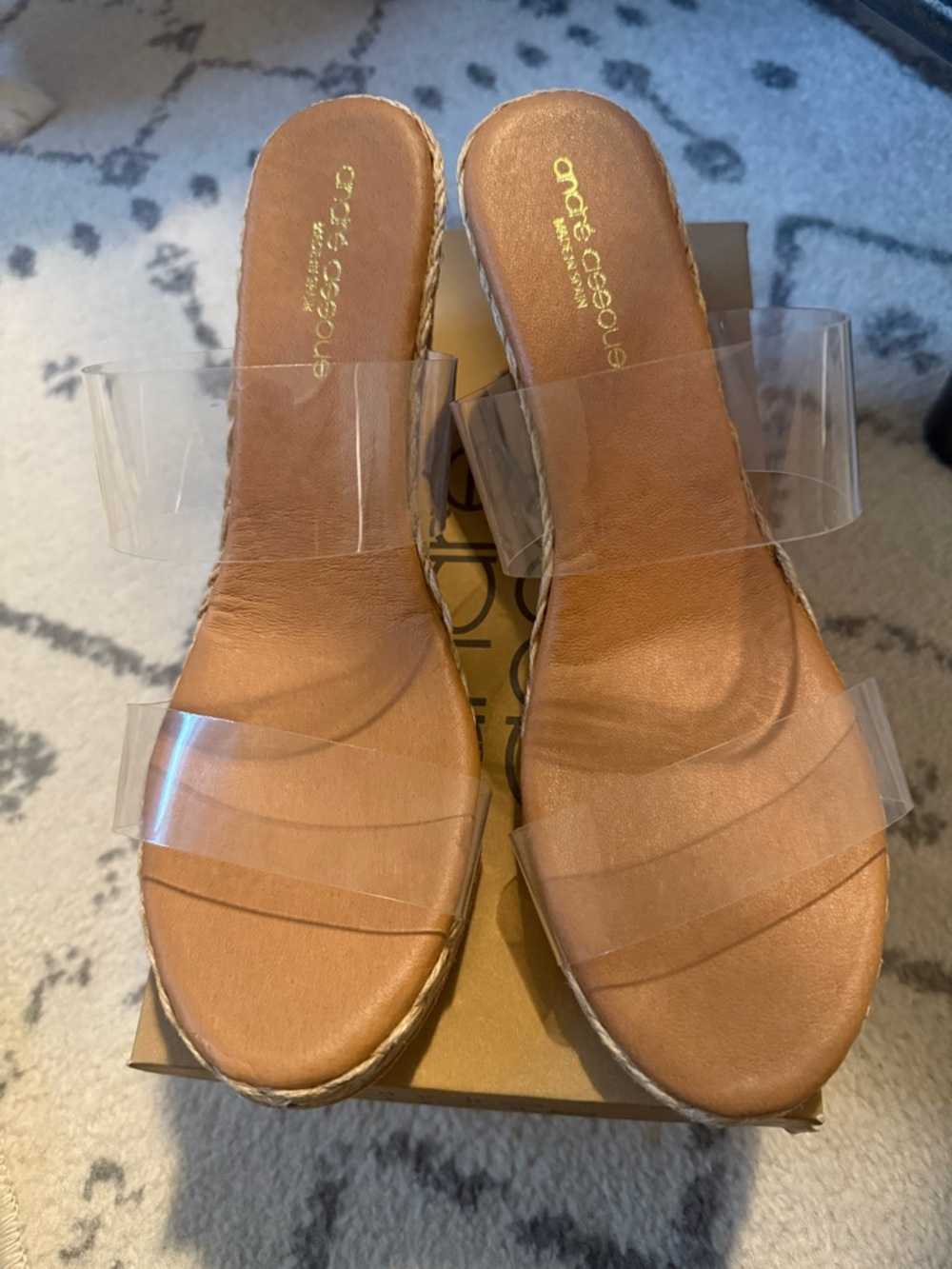 Andre Assous Clear Strap Tan Slide Mules